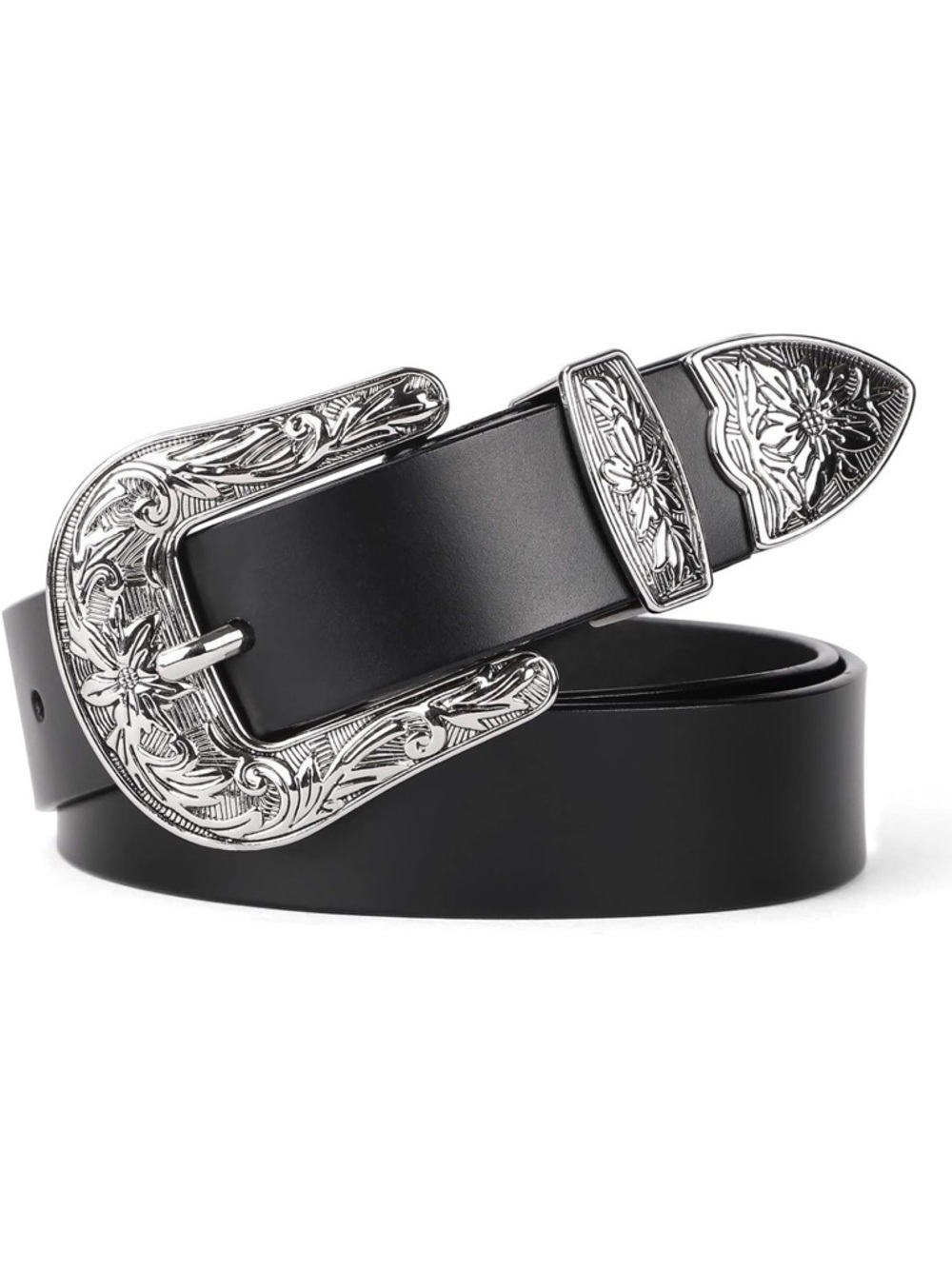 Black Leather Western-Style Belt with Ornate Silver Buckle